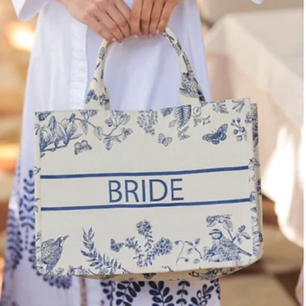Shiraleah Bride Cream and Blue Toile Bridal Tote Bag